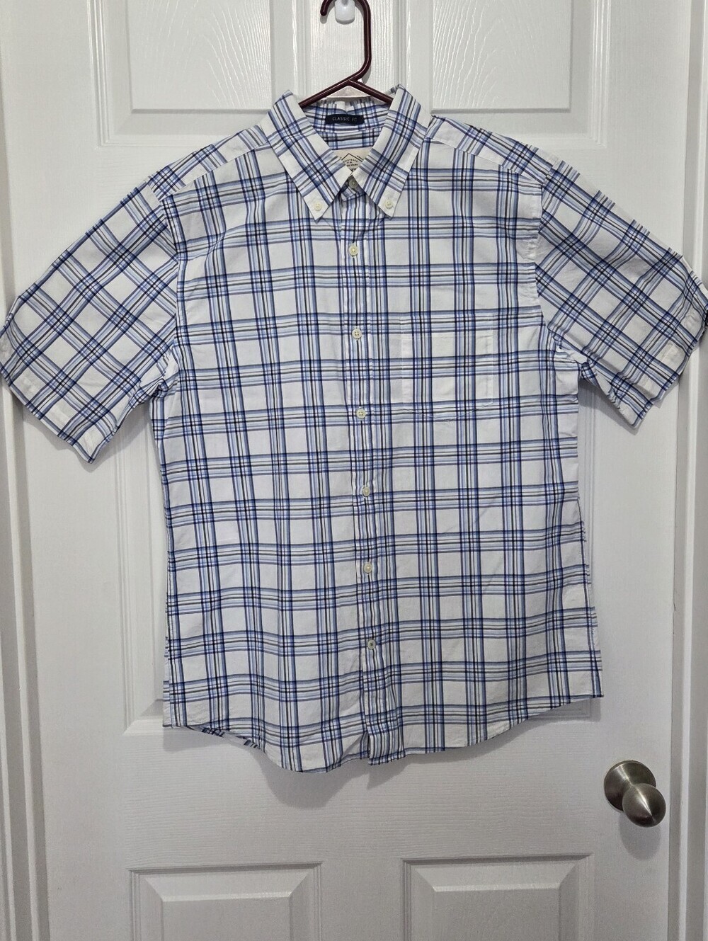 Mens White & Blue Plaid Button up Short Sleeve Cotton Shirt Size Medium